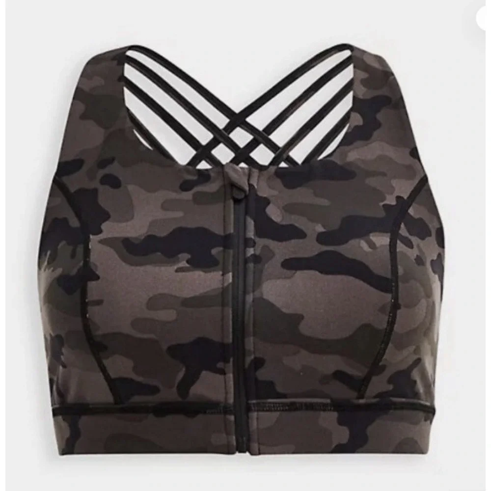 NWT Torrid Happy Camper Camo Zip Front Sports Bra 1X 14/16 Strappy Back Plus